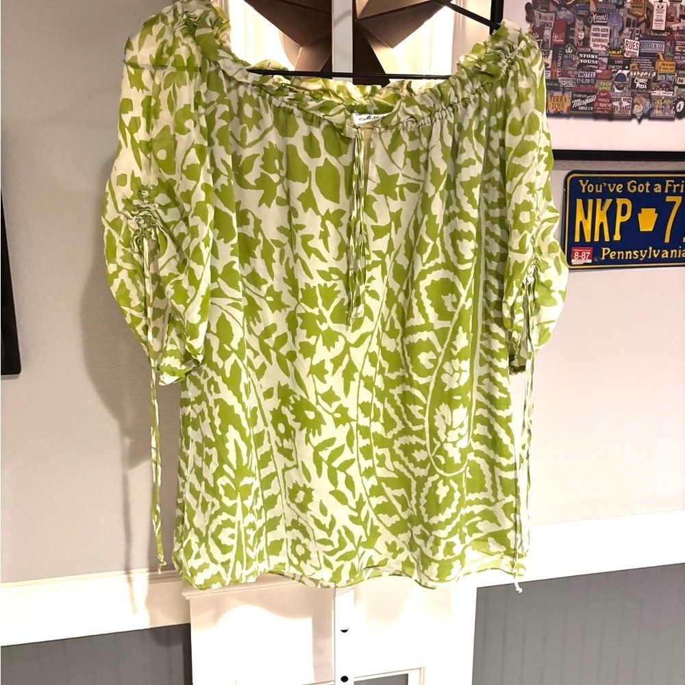 Milly of New York Olive green and cream tropical print blouse top Size 8